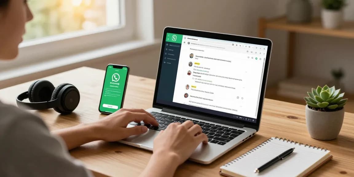 Busy user interacting with WhatsApp網頁版 on a laptop, vibrant workspace with productivity tools.