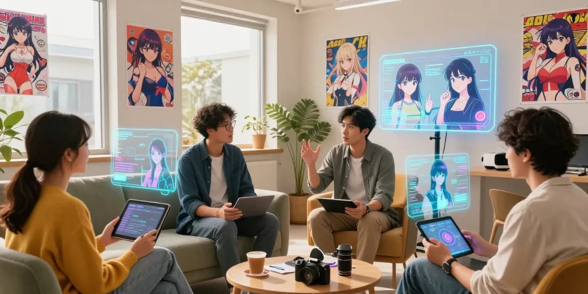 Young adults discussing AI ecchi chat in a vibrant digital workspace with character avatars and tech gear.