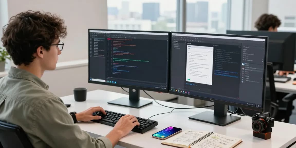快连 tech workspace showcasing a developer coding on dual monitors with a modern office setup.