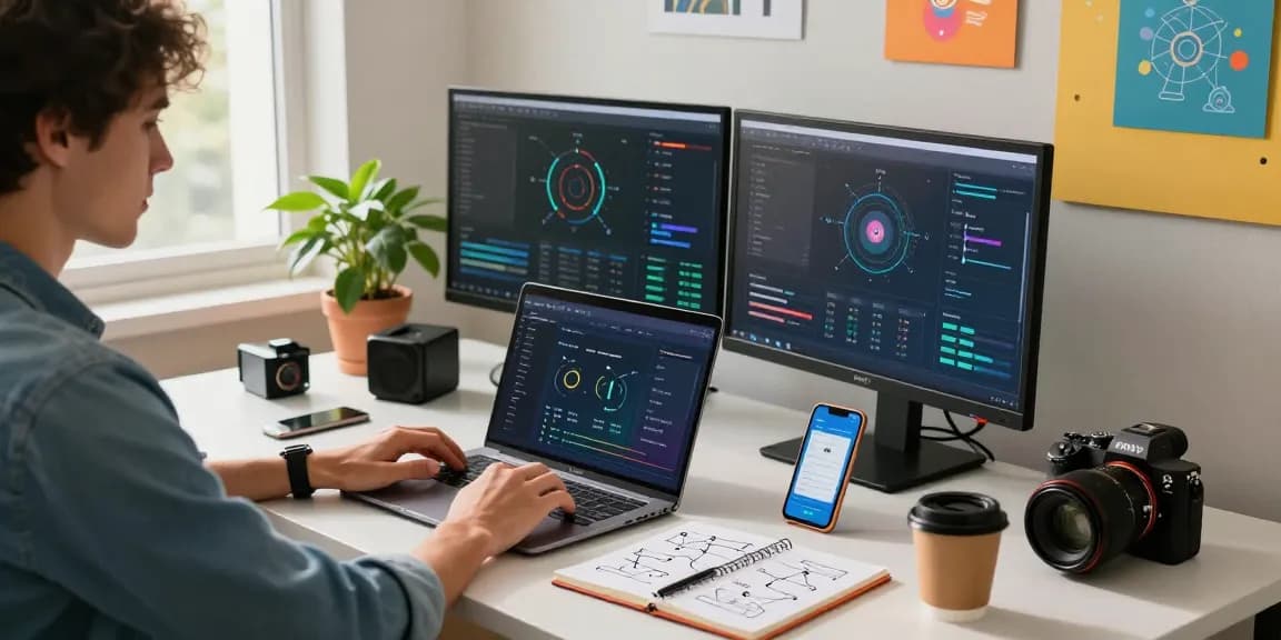 快连 productivity in a modern tech workspace with laptop, monitors, and network performance tools.
