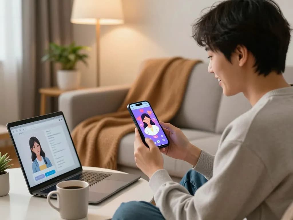 Person enjoying an engaging ai gf chat experience in a cozy modern living room, showcasing emotional connection and technology.